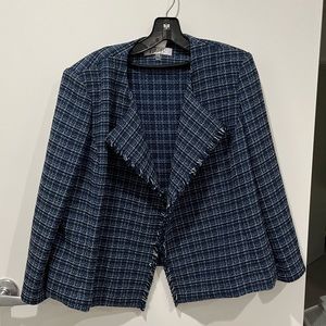Kasper Long Sleeve Tweed Fringe Work Jacket Navy Blue Black White Blazer Petite